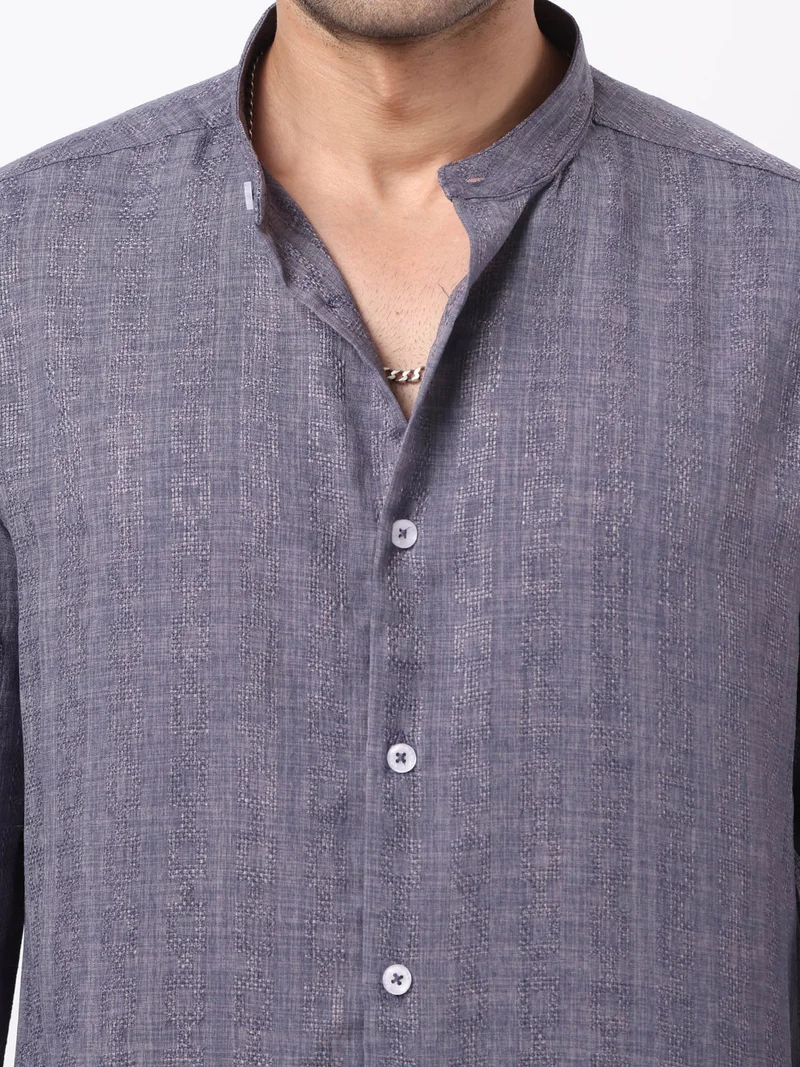 Maniac  Maniac Mens Solid Chinese Collar Full Sleeve Soft Twill Fabric Blue Shirt for Men | Best Price UAE