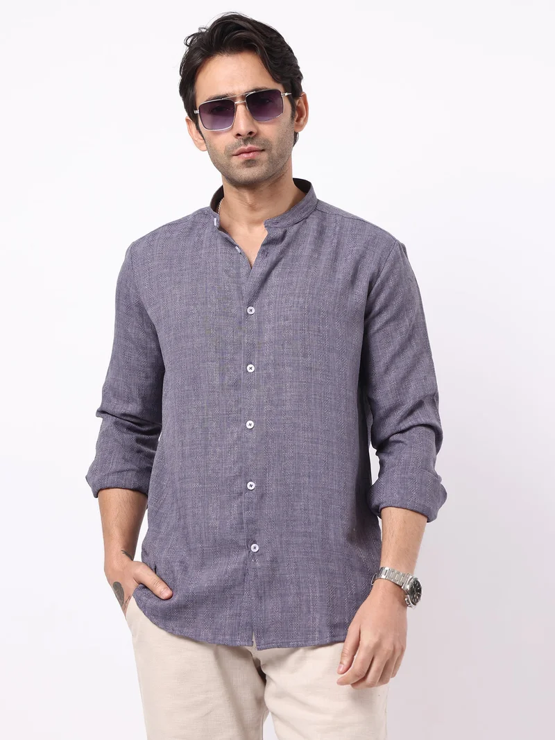 Maniac Maniac Mens Solid Chinese Collar Full Sleeve Soft Twill Fabric Blue Shirt