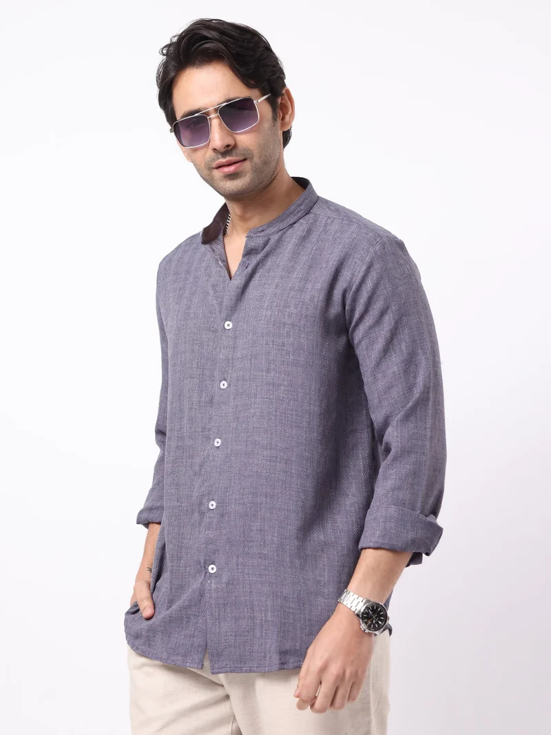 Maniac Maniac Mens Solid Chinese Collar Full Sleeve Soft Twill Fabric Blue Shirt