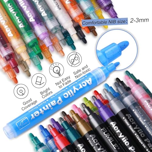 PLUSPOINT 24 Colors Acrylic Markers Set,Acrylic Paint Water Based Pens With Bold Tip For Kids Adults Used For Rock Painting Pumpkin Stone Canvas Wood Paper Glass Ceramic Fabric Plastic,Multicolor - Image 3