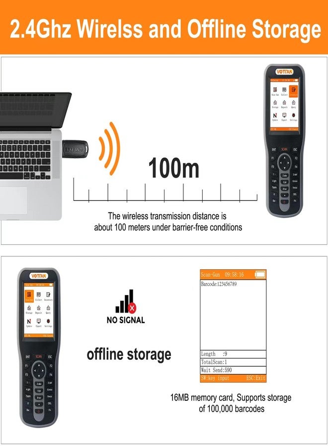 VOTTAN Inventory Scanner with 2.8'' HD Screen and Keybord, 1D 2D QR Code Wireless Barcode Scanner, Stock Datas Collector Scanner for Warehouse E-Business - Image 2