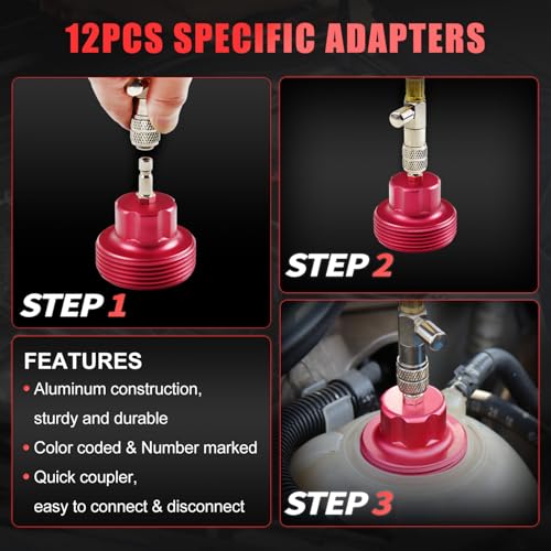 JIFETOR 14PCS Radiator Pressure Tester Tool Kit with Aluminium Pump and Metal Adapters, Red - Image 4
