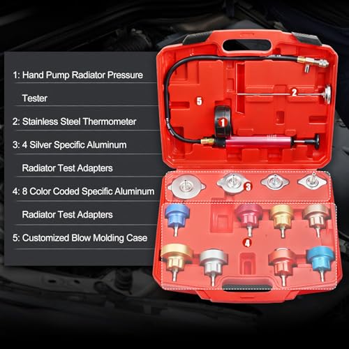 JIFETOR 14PCS Radiator Pressure Tester Tool Kit with Aluminium Pump and Metal Adapters, Red - Image 2