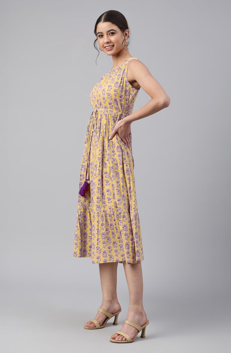 Janasya Women's Yellow Pure Cotton Floral Printed Tiered Dress (JAC24DR01519-M) - Image 3