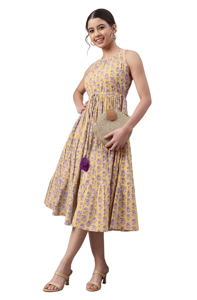 Janasya Women's Yellow Pure Cotton Floral Printed Tiered Dress (JAC24DR01519-M) - Image 1