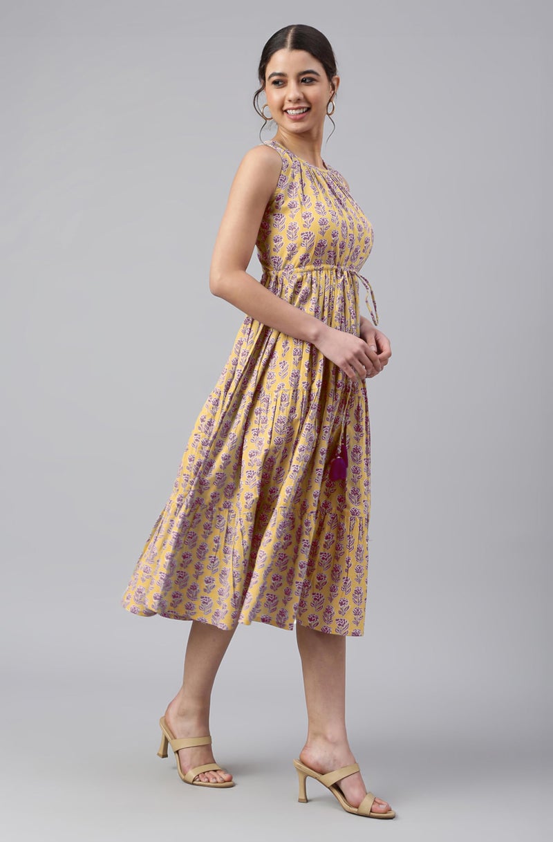 Janasya Women's Yellow Pure Cotton Floral Printed Tiered Dress (JAC24DR01519-M) - Image 4