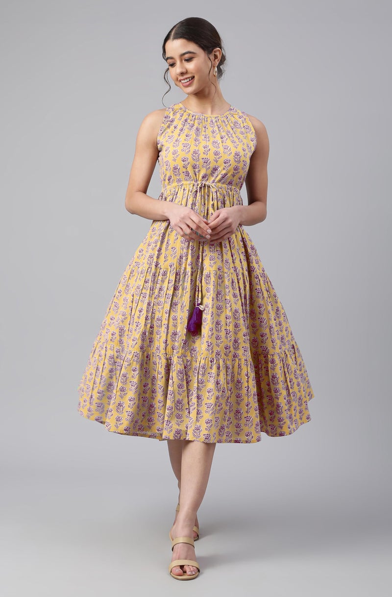 Janasya Women's Yellow Pure Cotton Floral Printed Tiered Dress (JAC24DR01519-M) - Image 2