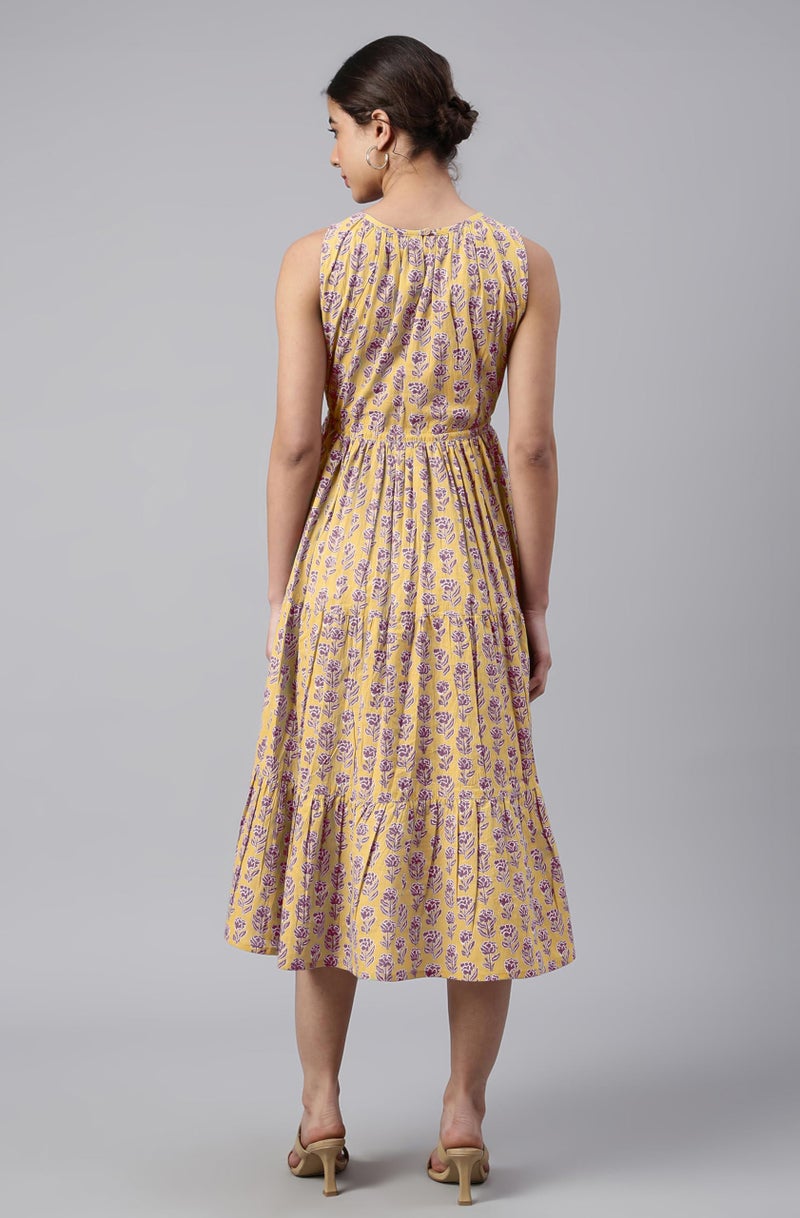 Janasya Women's Yellow Pure Cotton Floral Printed Tiered Dress (JAC24DR01519-M) - Image 5