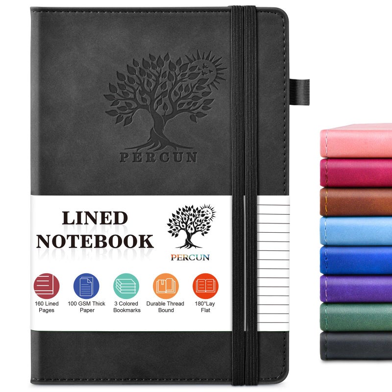 PERCUN Lined Journal Notebook for Men & Women, 160 Pages College Ruled Journal for Writing, A5 Hardcover Leather Notebooks for Work, School, Business, Travel, Daily Diary 5.9" x 8.5" (Black) - Image 1