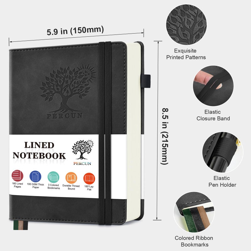 PERCUN Lined Journal Notebook for Men & Women, 160 Pages College Ruled Journal for Writing, A5 Hardcover Leather Notebooks for Work, School, Business, Travel, Daily Diary 5.9" x 8.5" (Black) - Image 2
