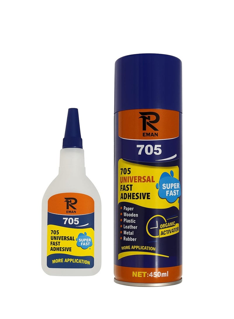 إيمان 705 لاصق سريع عالمي 100 جرام مع بخاخ منشط 450 مل غراء فائق القوة رابط فوري للخشب والبلاستيك والمعادن والمطاط والجلد والورق والحرف اليدوية والإصلاح المنزلي وورشة العمل - Image 1