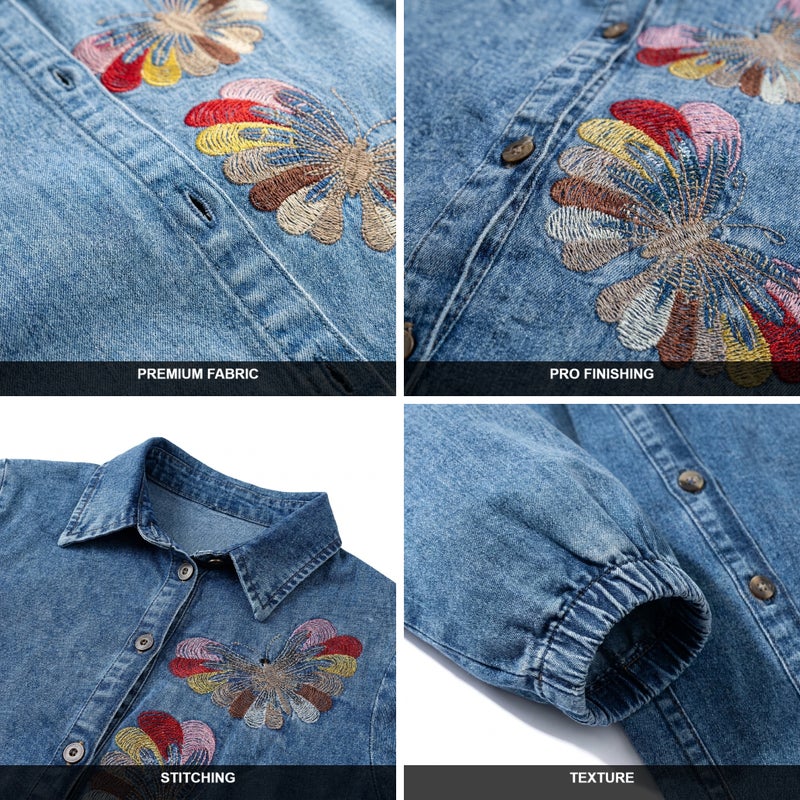 Long Denim Dress with Front Buttons and Floral Embroidery - Classic Light Jeans Color, Suitable for Daily & Formal Occasions - Size XL (70 KG) - Image 2