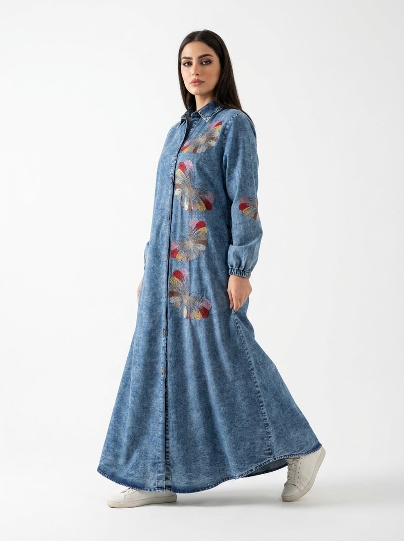 Long Denim Dress with Front Buttons and Floral Embroidery - Classic Light Jeans Color, Suitable for Daily & Formal Occasions - Size XL (70 KG) - Image 5
