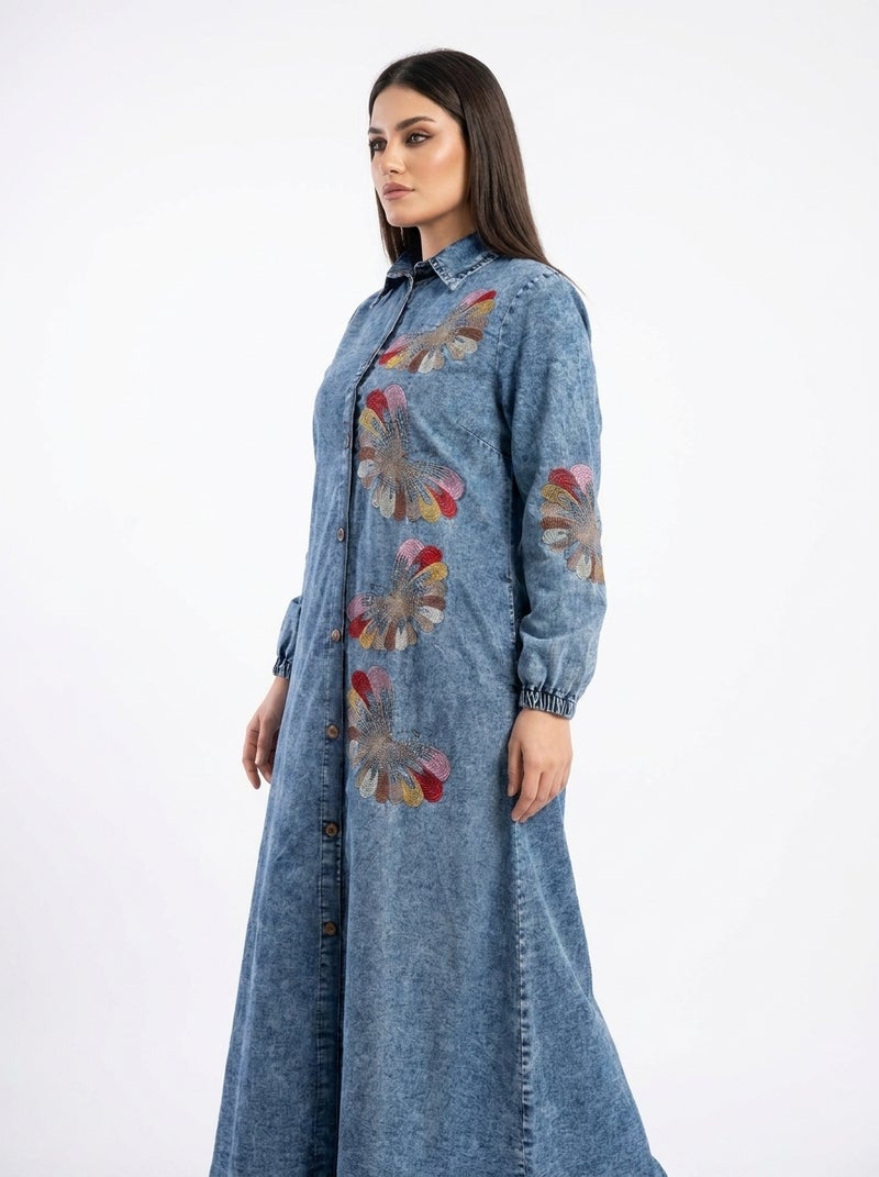 Long Denim Dress with Front Buttons and Floral Embroidery - Classic Light Jeans Color, Suitable for Daily & Formal Occasions - Size XL (70 KG) - Image 3