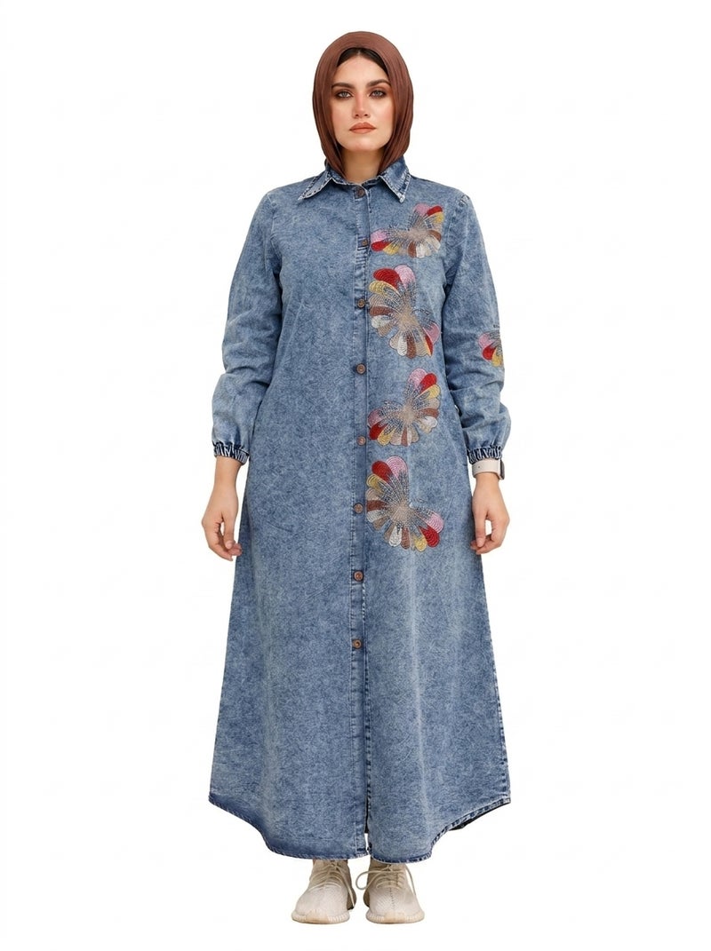 Long Denim Dress with Front Buttons and Floral Embroidery - Classic Light Jeans Color, Suitable for Daily & Formal Occasions - Size XL (70 KG) - Image 1