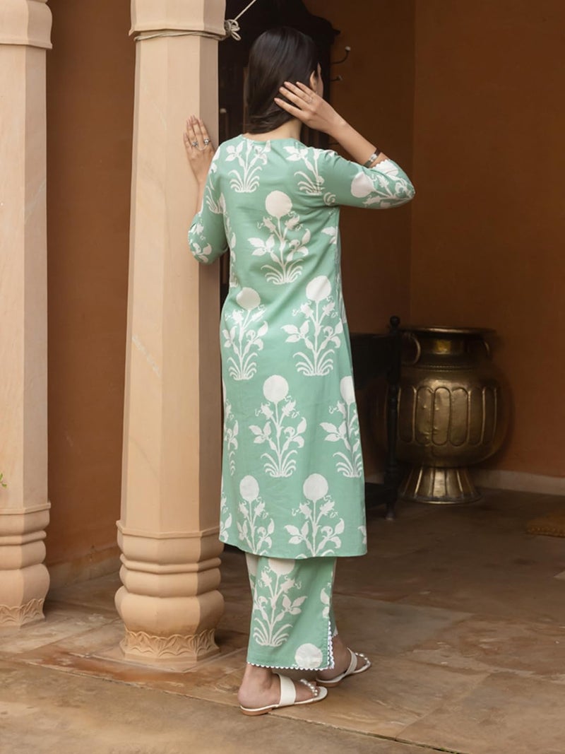 FIORRA Women's Pista Green Cotton Flared Kurta Set SET0181 - Image 2