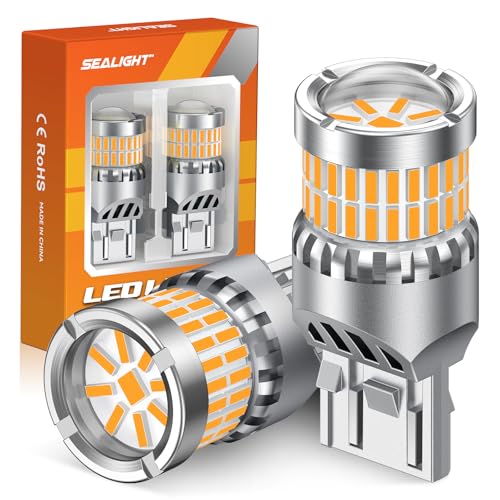 SEALIGHT 7440 7443 LED Bulbs Amber Yellow, Upgraded T20 7444 7443NA 7441 W21W 992 LED 56-SMD with Projector Lens, Need Extra Load Resistor for Front Rear Turn Signal Lights, Pack of 2 - Image 1