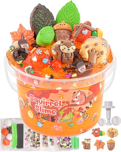 Okaybee Squirrel Orange Slime Kit Clear Slime Bucket with Clay 10 Packs of Addins Slimes Party Favors for Kids Sensory Toys Experience DIY Slimes Kit Birthday Easter Hallowmas Gift for Girls Boys - Image 1