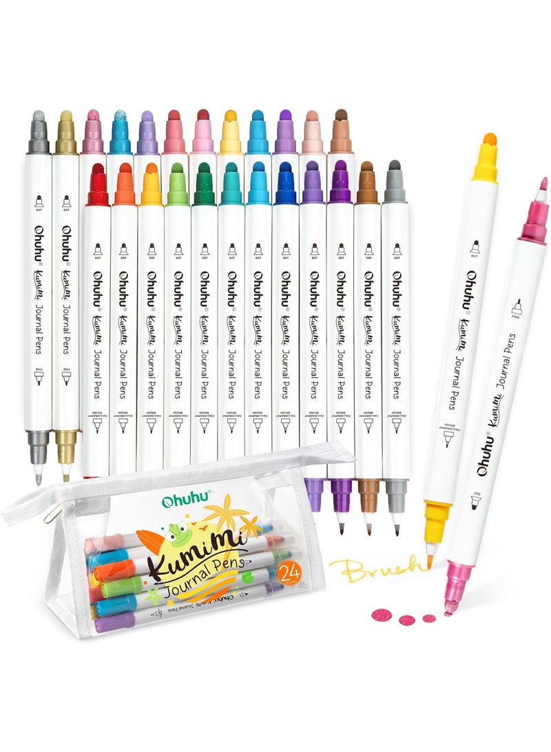 أوهوهو أقلام ماركر نقطية بطرف مزدوج من او هو هو: أقلام ماركر نقطية مكونة من 24 لون (فرشاة برأس لفن الخط وطرف منقط) للاطفال والكبار بألوان مائية معدنية وعادية، أقلام نقطية للمجلات وسجل القصاصات وعلامات - Image 1