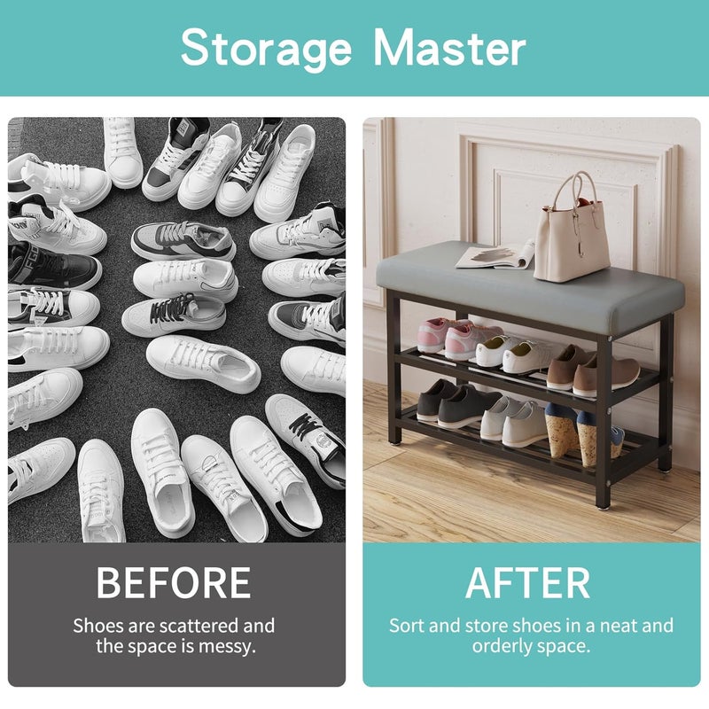 HOME CUBE 3-Tier Shoe Storage Rack With Leather Cushion Seat For Home Portable Shoe Rack Chappal Stand Sneakers Slippers Stand Footwear Shoe Rack Organizer for Entryway Living Room Office (SR-018) - Image 5