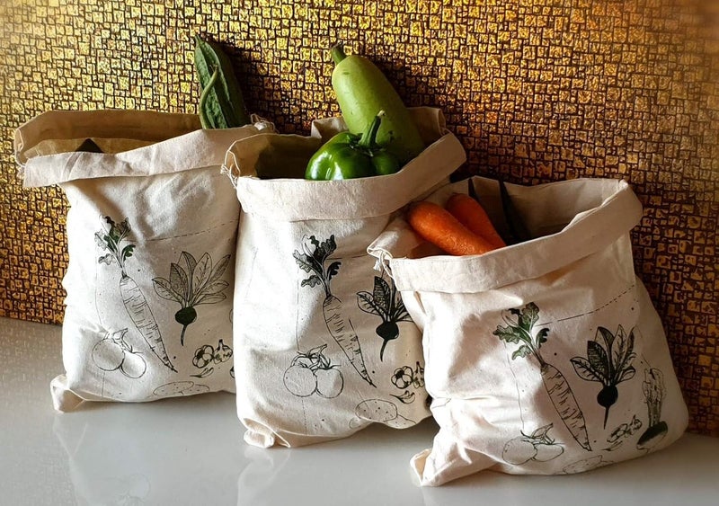 Vissage Pack of 3 Hand Block Printed Fruit Vegetable Fridge Bags for Storage - Image 2