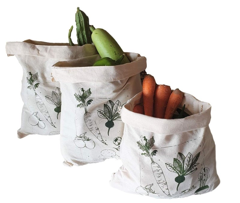 Vissage Pack of 3 Hand Block Printed Fruit Vegetable Fridge Bags for Storage - Image 1
