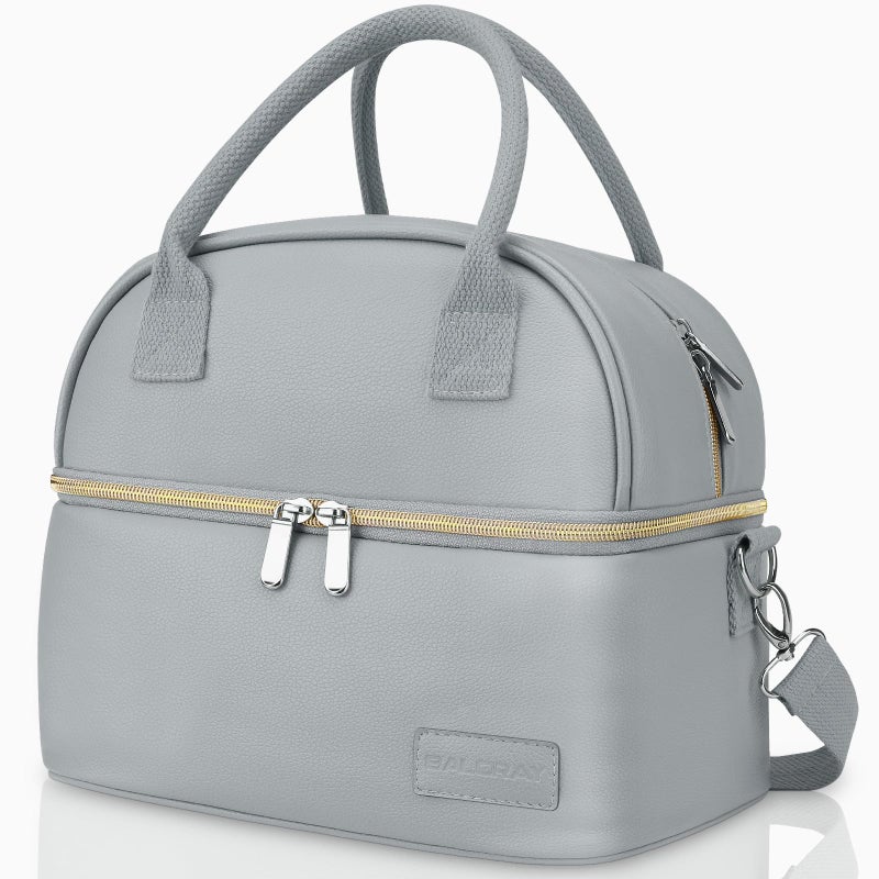 BALORAY Lunch Bag for Women Men Double Deck Lunch Box for Adults Teens PU Leather Lunch Tote Bag Insulated Lunch Bags with Strap for Work Office School