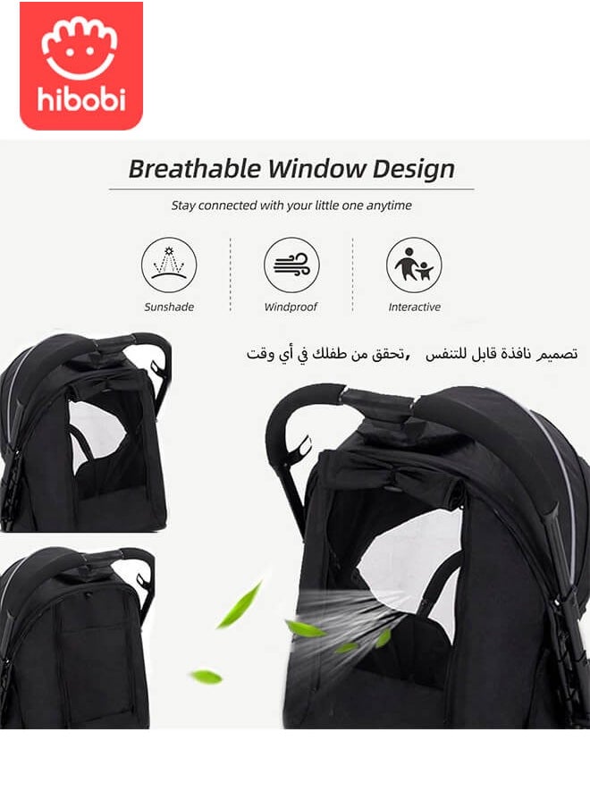 hibobi Lightweight Baby Stroller | Excellent Shock Absorption System | Large Canopy & Spacious Seat | 5-Point Harness | Large Storage Basket | Quick One-Click Folding | Suitable for 0-36 Months | Black  - Image 2