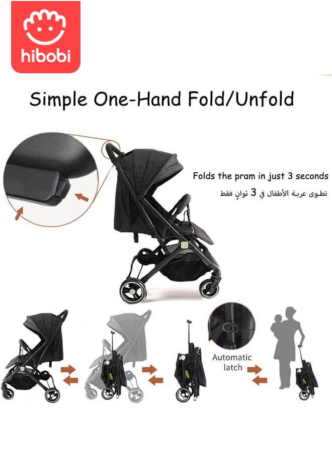 hibobi Lightweight Baby Stroller | Excellent Shock Absorption System | Large Canopy & Spacious Seat | 5-Point Harness | Large Storage Basket | Quick One-Click Folding | Suitable for 0-36 Months | Black  - Image 3
