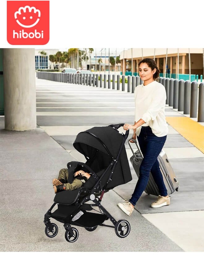 hibobi - Lightweight Baby Stroller | Excellent Shock Absorption System | Large Canopy & Spacious Seat | 5-Point Harness | Large Storage Basket | Quick One-Click Folding | Suitable for 0-36 Months | Black - Image 1