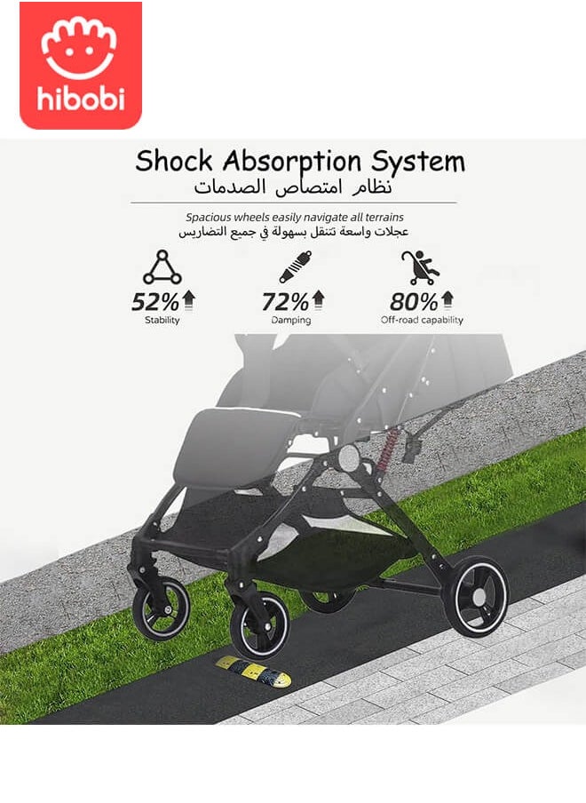 hibobi Lightweight Baby Stroller | Excellent Shock Absorption System | Large Canopy & Spacious Seat | 5-Point Harness | Large Storage Basket | Quick One-Click Folding | Suitable for 0-36 Months | Black  - Image 5