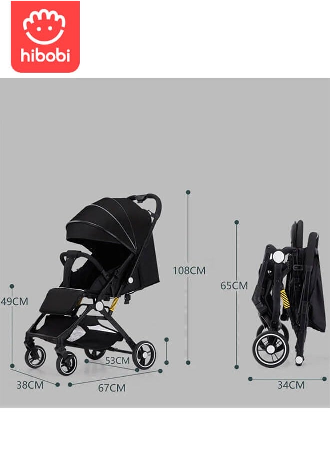 hibobi - Lightweight Baby Stroller | Excellent Shock Absorption System | Large Canopy & Spacious Seat | 5-Point Harness | Large Storage Basket | Quick One-Click Folding | Suitable for 0-36 Months | Black - Image 1