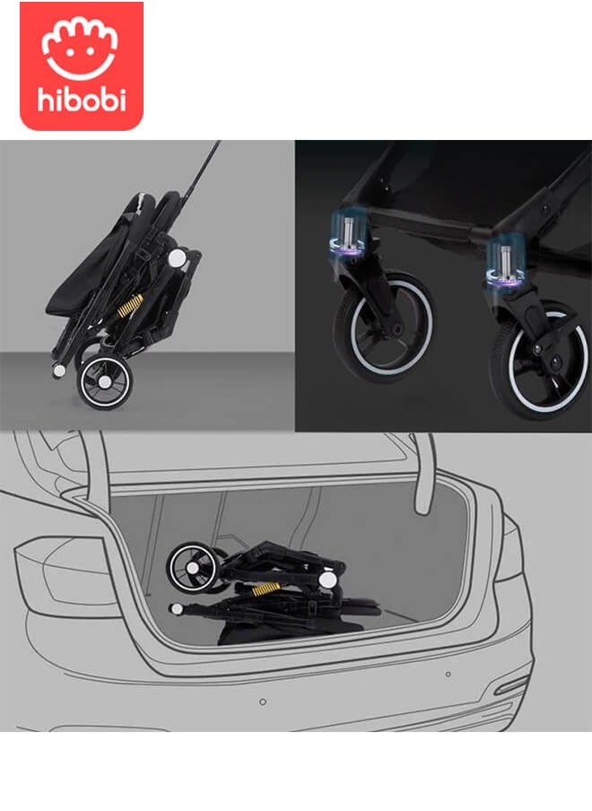 hibobi - Lightweight Baby Stroller | Excellent Shock Absorption System | Large Canopy & Spacious Seat | 5-Point Harness | Large Storage Basket | Quick One-Click Folding | Suitable for 0-36 Months | Black - Image 1