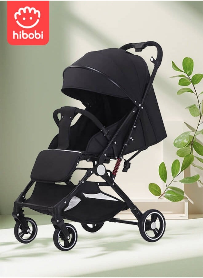 hibobi Lightweight Baby Stroller | Excellent Shock Absorption System | Large Canopy & Spacious Seat | 5-Point Harness | Large Storage Basket | Quick One-Click Folding | Suitable for 0-36 Months | Black  - Image 1