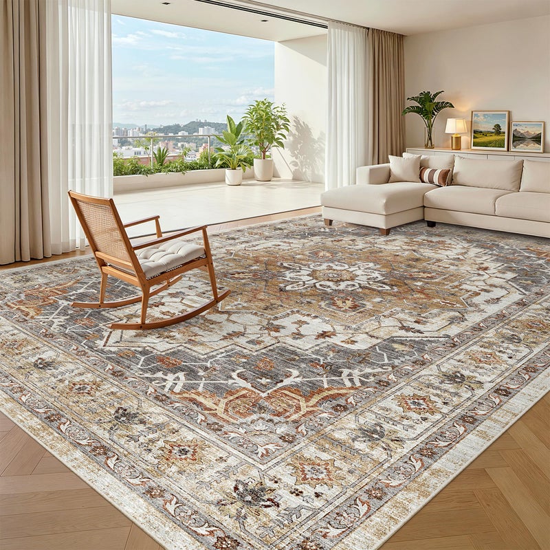 Madane Washable Rug 8x10 Area Rugs for Living Room, Ultra-Thin Non-Slip Backing Rug, Stain Resistant Vintage Large Area Rug for Bedroom (Turmeric/Grey, 8'x10') - Image 1