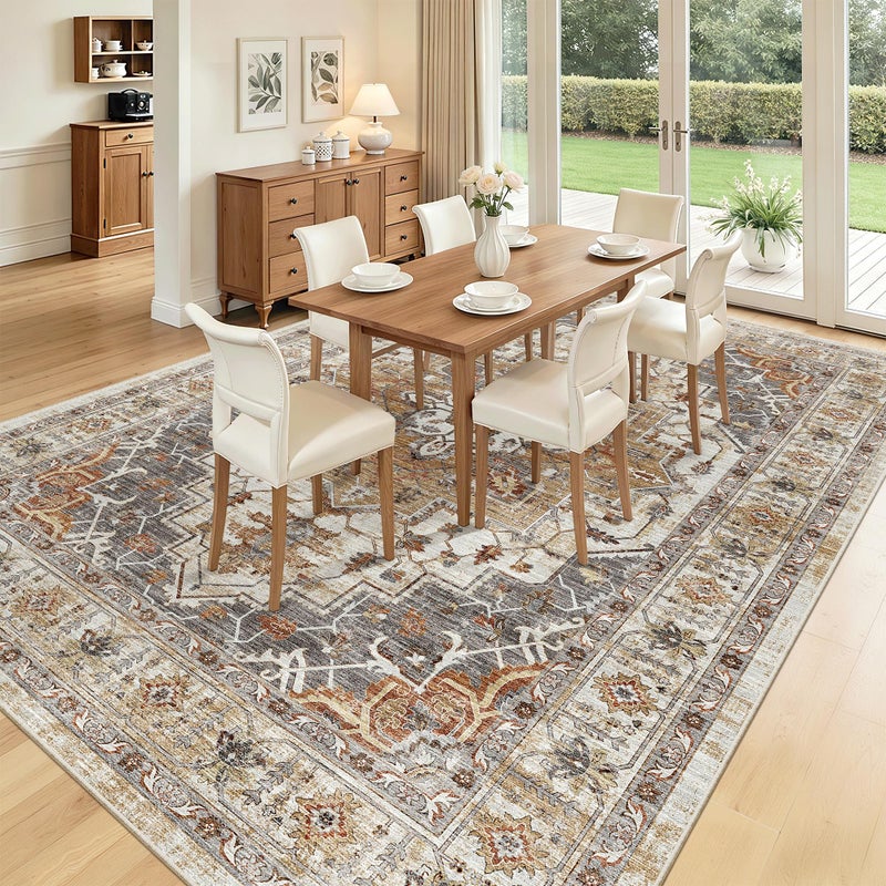 Madane Washable Rug 8x10 Area Rugs for Living Room, Ultra-Thin Non-Slip Backing Rug, Stain Resistant Vintage Large Area Rug for Bedroom (Turmeric/Grey, 8'x10') - Image 4