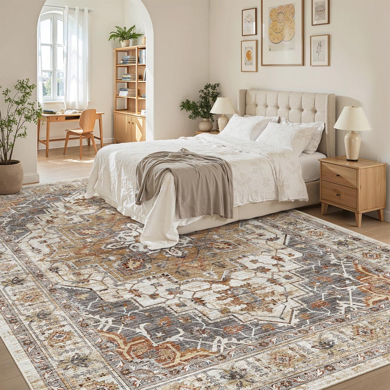 Madane Washable Rug 8x10 Area Rugs for Living Room, Ultra-Thin Non-Slip Backing Rug, Stain Resistant Vintage Large Area Rug for Bedroom (Turmeric/Grey, 8'x10') - Image 3