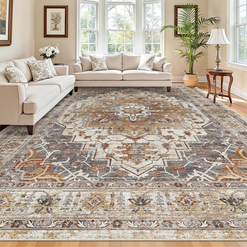 Madane Washable Rug 8x10 Area Rugs for Living Room, Ultra-Thin Non-Slip Backing Rug, Stain Resistant Vintage Large Area Rug for Bedroom (Turmeric/Grey, 8'x10') - Image 2
