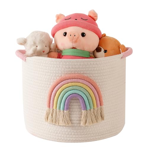 INough Toy Storage Baskets Woven Cotton Rope Storage Basket with Rainbow Decor for Kids Blanket Baskets for Living Room Toys Organizer Rainbow Baby Gifts Basket with Handle for Girls Nursery Playroom - Image 1