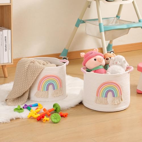 INough Toy Storage Baskets Woven Cotton Rope Storage Basket with Rainbow Decor for Kids Blanket Baskets for Living Room Toys Organizer Rainbow Baby Gifts Basket with Handle for Girls Nursery Playroom - Image 3