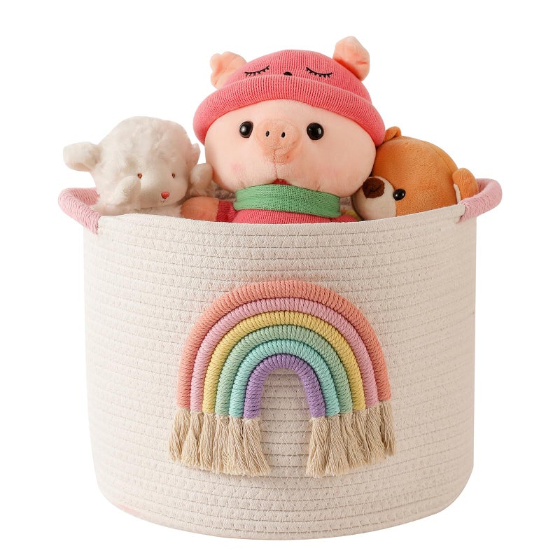 INough Toy Storage Baskets Woven Cotton Rope Storage Basket with Rainbow Decor for Kids Blanket Baskets for Living Room Toys Organizer Rainbow Baby Gifts Basket with Handle for Girls Nursery Playroom - Image 2