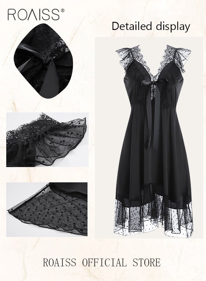 رويس فستان بيجامة نسائي بتصميم رقبة على شكل حرف V، ملابس منزلية بعناصر من الدانتيل، ملابس نوم بتصميم مجوف على الظهر، أكمام صغيرة طائرة، ملابس نوم باللون الأسود - Image 3