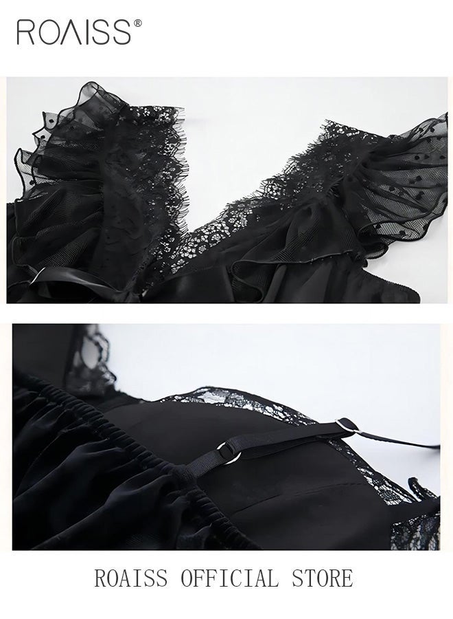 رويس فستان بيجامة نسائي بتصميم رقبة على شكل حرف V، ملابس منزلية بعناصر من الدانتيل، ملابس نوم بتصميم مجوف على الظهر، أكمام صغيرة طائرة، ملابس نوم باللون الأسود - Image 4