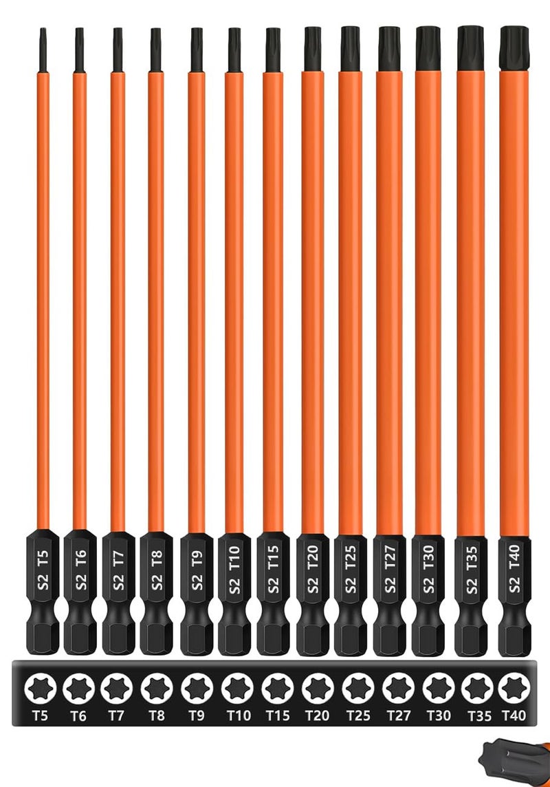 Saipe 13-Piece 6 inch /150 mm Long Torx Bit Set for Impact Driver, S2 Steel Star Bit Set (T5-T40), 1/4'' Hex-Shank Magnetic Torx Screwdriver Bit, Torx Head Drill Bit Set with CNC Machined Tips - Image 1