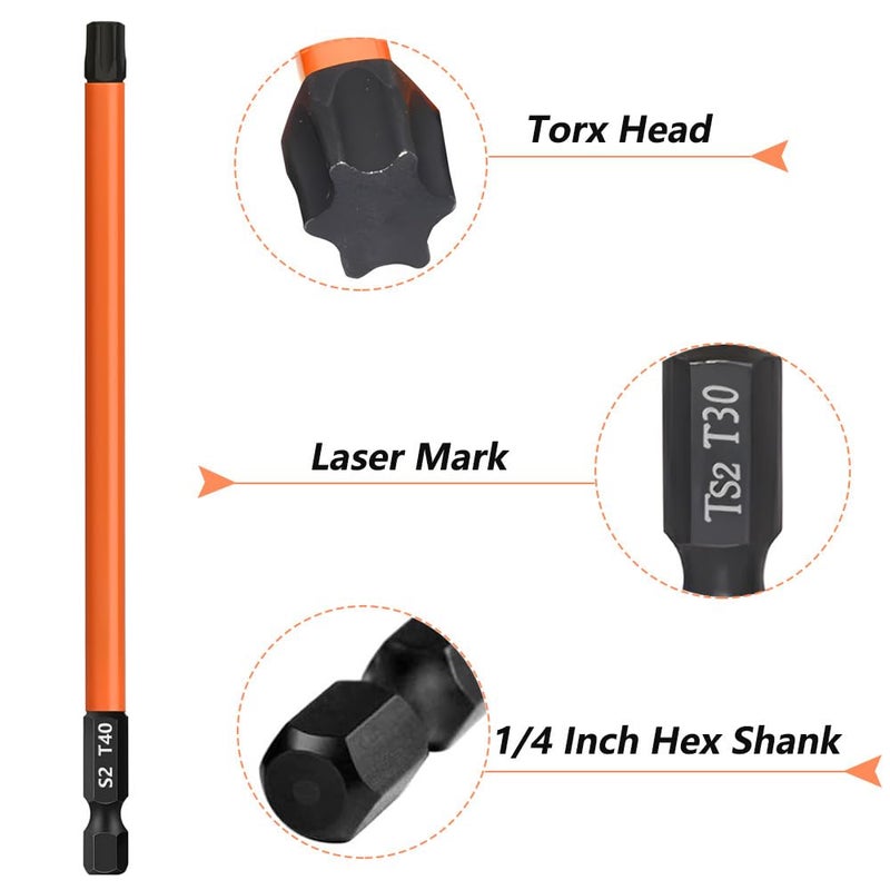 Saipe 13-Piece 6 inch /150 mm Long Torx Bit Set for Impact Driver, S2 Steel Star Bit Set (T5-T40), 1/4'' Hex-Shank Magnetic Torx Screwdriver Bit, Torx Head Drill Bit Set with CNC Machined Tips - Image 2