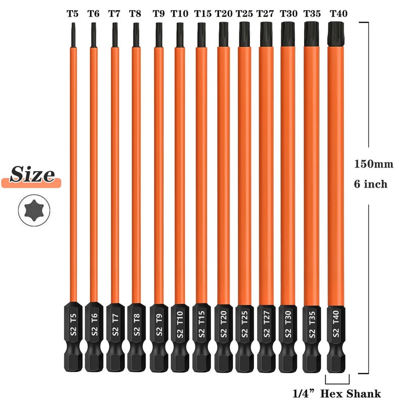 Saipe 13-Piece 6 inch /150 mm Long Torx Bit Set for Impact Driver, S2 Steel Star Bit Set (T5-T40), 1/4'' Hex-Shank Magnetic Torx Screwdriver Bit, Torx Head Drill Bit Set with CNC Machined Tips - Image 4