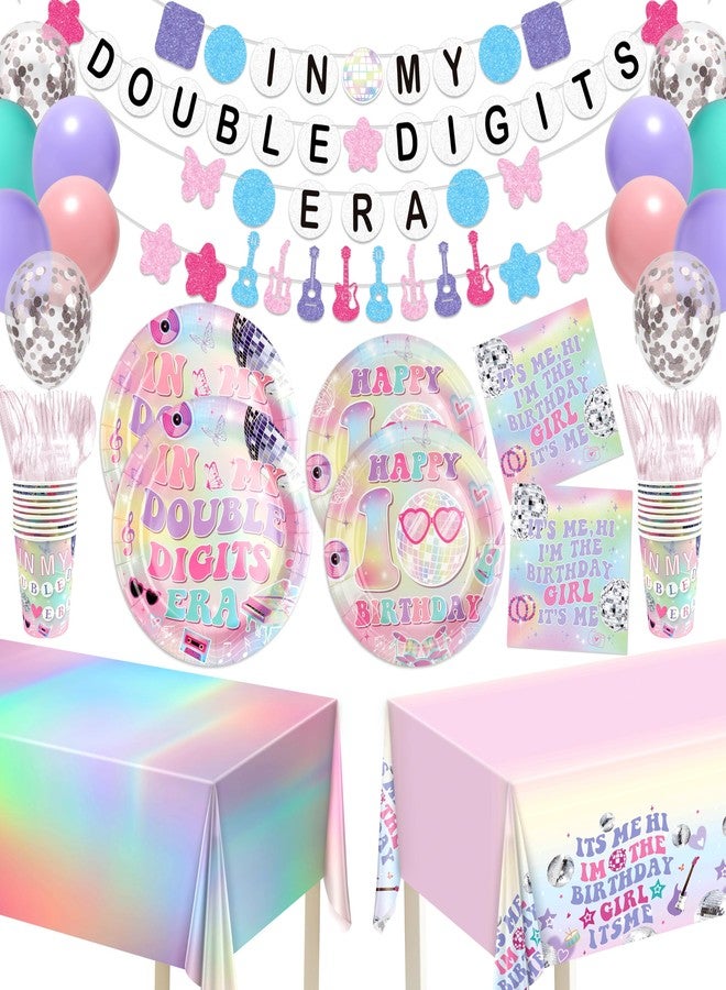 THAWAY 10th Birthday Decorations for Girl, 194Pcs Double Digits Birthday Girl Tableware Set for 24 Guests with Plates Napinks Cups Cutlery Tablecloths Banners Balloons, In My Double Digits Era Party Supplies - Image 1