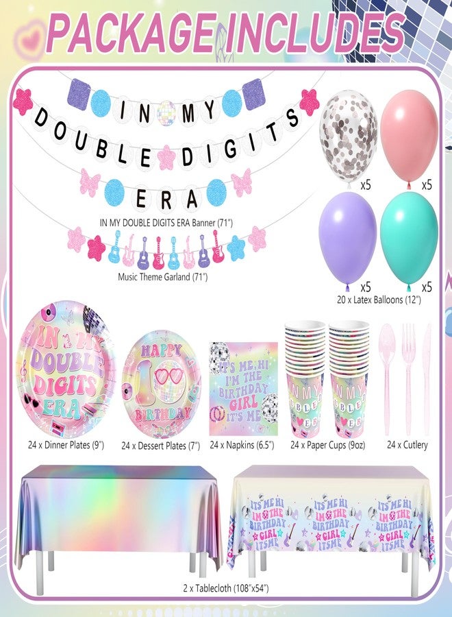 THAWAY 10th Birthday Decorations for Girl, 194Pcs Double Digits Birthday Girl Tableware Set for 24 Guests with Plates Napinks Cups Cutlery Tablecloths Banners Balloons, In My Double Digits Era Party Supplies - Image 2