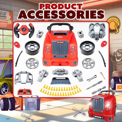 Playbees Red Truck Engine Repair Toy Kids Mechanic Repair Set with Tools Lights Sounds Interactive TakeApart Engine Builder Truck Great - Image 5