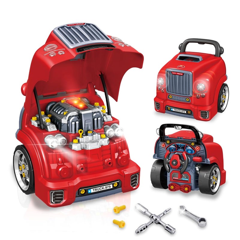 Playbees Red Truck Engine Repair Toy Kids Mechanic Repair Set with Tools Lights Sounds Interactive TakeApart Engine Builder Truck Great - Image 3